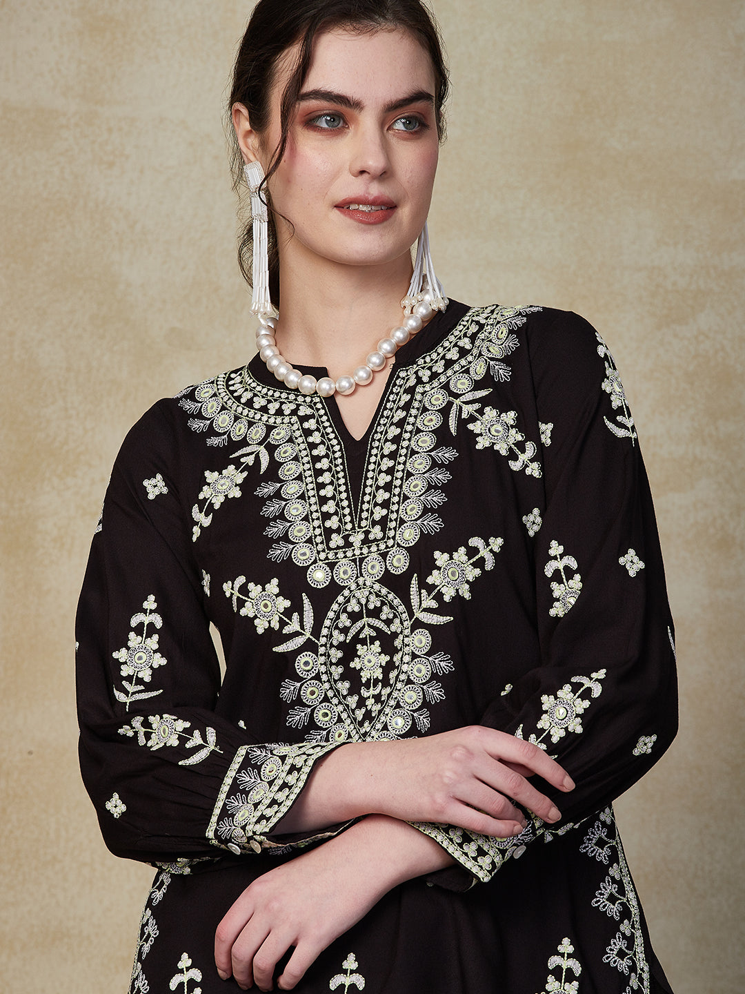 Solid Mirror & Resham Embroidered Kurti with Salwar Indo-Western Co-Or ...