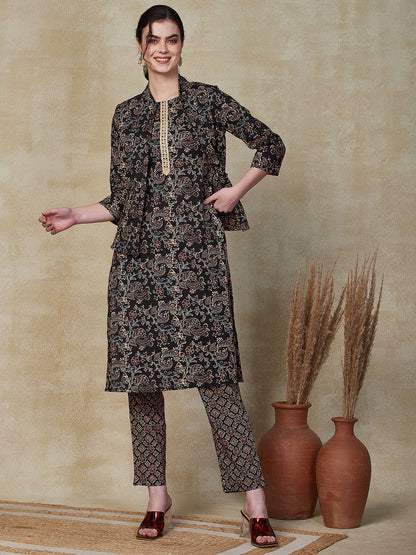 Ethnic Floral Printed Straight Kurta & Pant with Quilted Printed Jacket - Black
