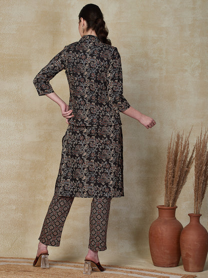 Ethnic Floral Printed Straight Kurta & Pant with Quilted Printed Jacket - Black