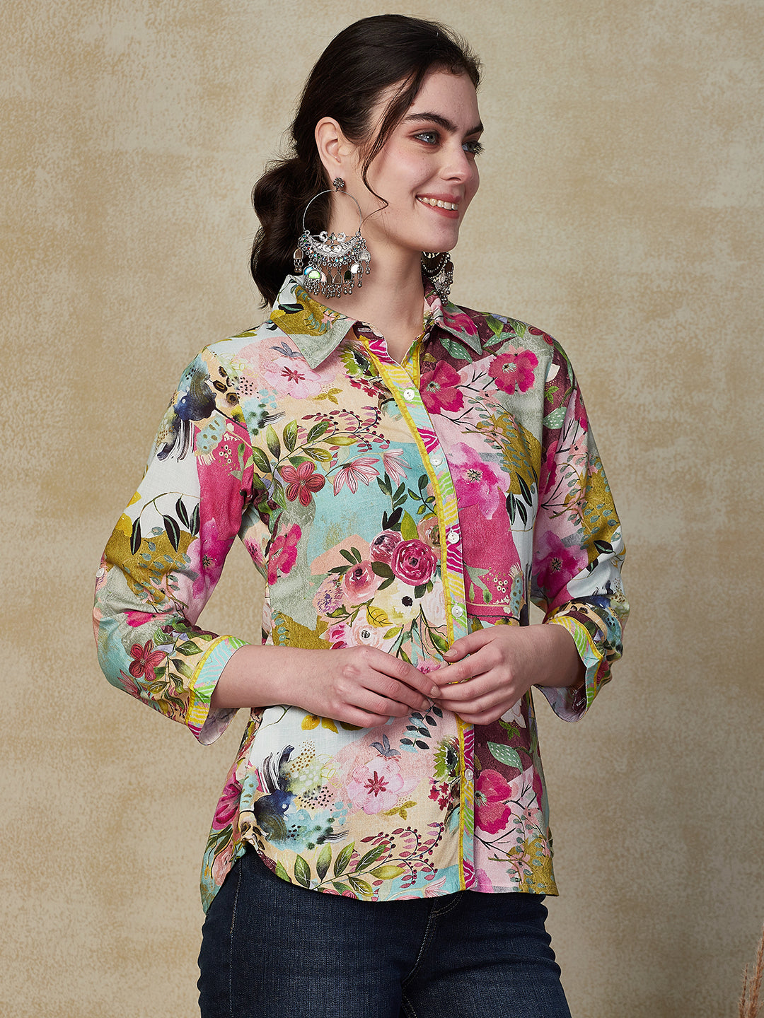 Floral Printed Mother-of-Pearl Buttoned Shirt - Multi