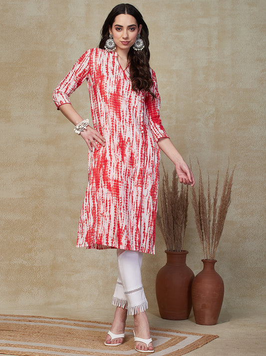 Tie - Dye Printed & Sequin Embroidered Straight Fit Kurta - Red