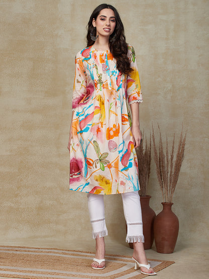 Abstract Floral Printed A-Line Pin -Tucked Kurta - Multi
