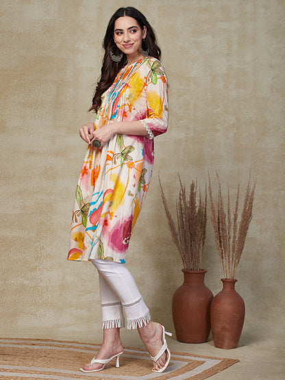 Abstract Floral Printed A-Line Pin -Tucked Kurta - Multi