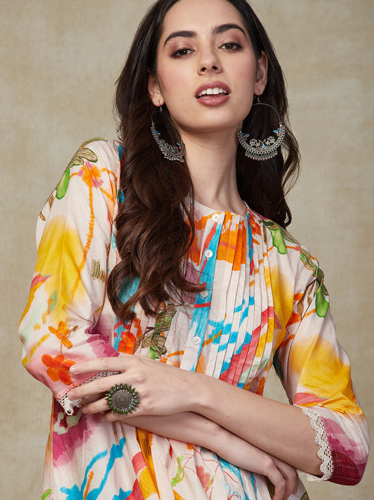 Abstract Floral Printed A-Line Pin -Tucked Kurta - Multi
