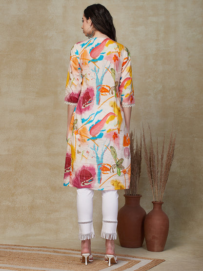 Abstract Floral Printed A-Line Pin -Tucked Kurta - Multi