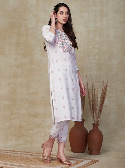 Ethnic Embroidered Straight Fit Kurta with Pant - White