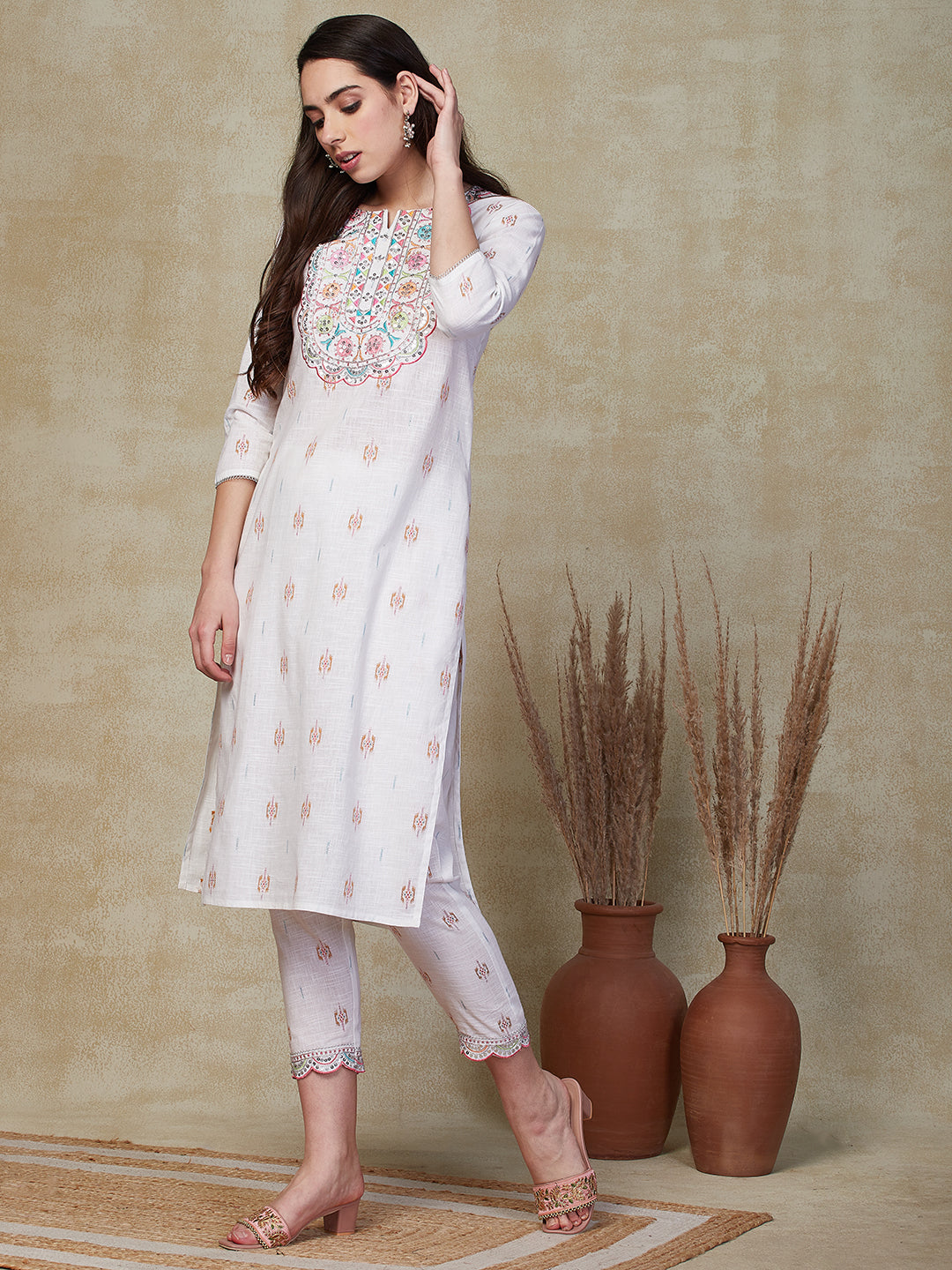 Ethnic Embroidered Straight Fit Kurta with Pant - White