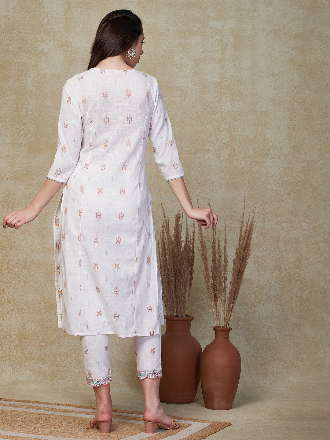 Ethnic Embroidered Straight Fit Kurta with Pant - White