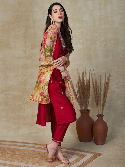 Solid Zari Dori & Mirror Embroidered Kurta with Pants & Dupatta - Red