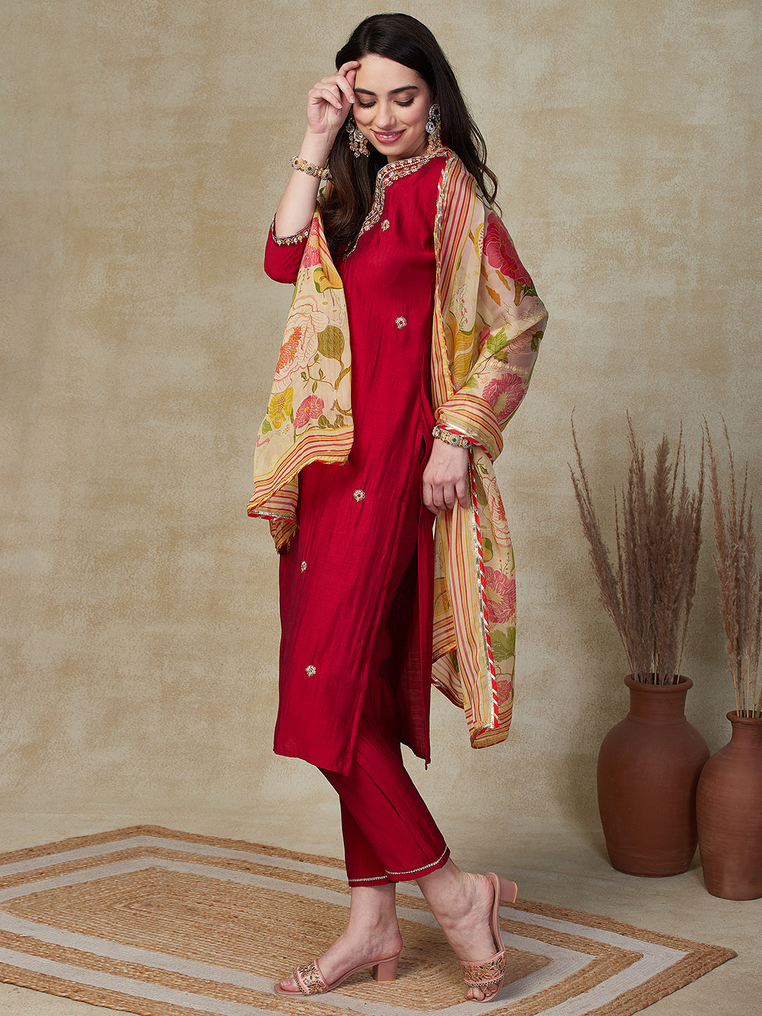 Solid Zari Dori & Mirror Embroidered Kurta with Pants & Dupatta - Red
