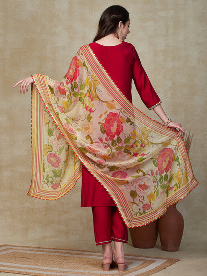 Solid Zari Dori & Mirror Embroidered Kurta with Pants & Dupatta - Red