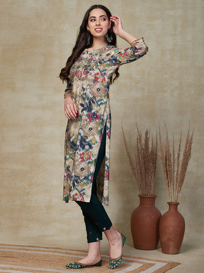 Floral & Abstract Printed Zari, Sequins & Resham Embroidered Kurta - Multi
