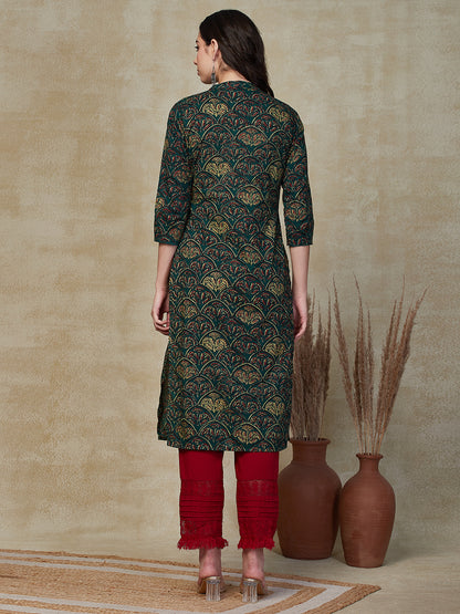 Ethnic & Floral Block Printed Sequin Embroidered Angrakha Style Kurta - Green