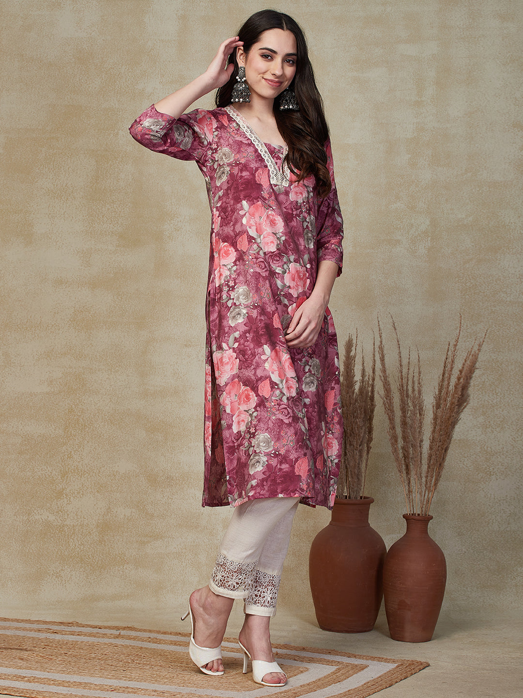 Floral Printed Crochet Lace Embellished Kurta - Rose Pink