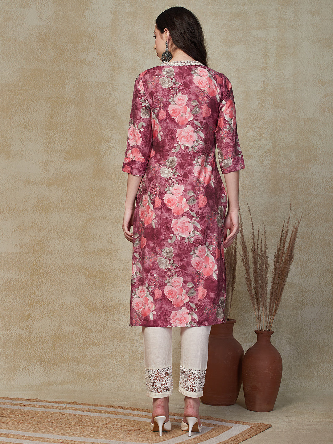 Floral Printed Crochet Lace Embellished Kurta - Rose Pink