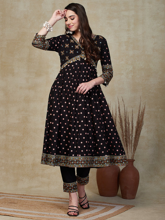 Abstract Printed Mirror & Resham Embroidered Anarkali Kurta with Pants - Black