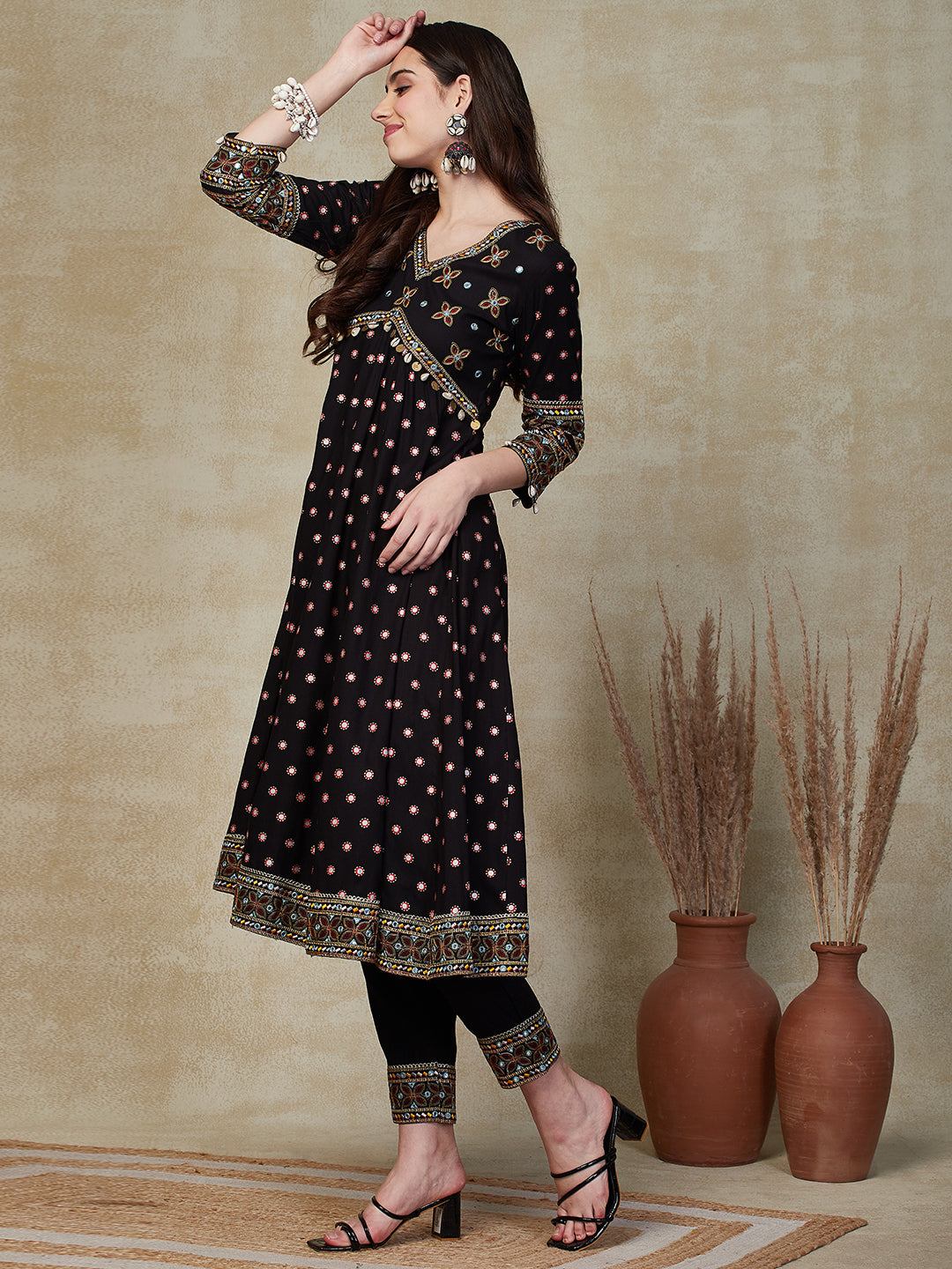 Abstract Printed Mirror & Resham Embroidered Anarkali Kurta with Pants - Black