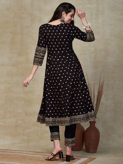 Abstract Printed Mirror & Resham Embroidered Anarkali Kurta with Pants - Black