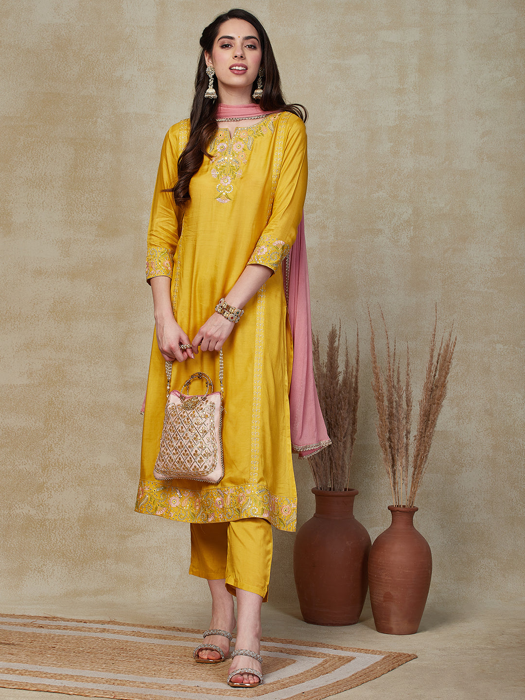 Solid Mirror, Sequins & Resham Embroidered Kurta with Pants & Dupatta - Yellow