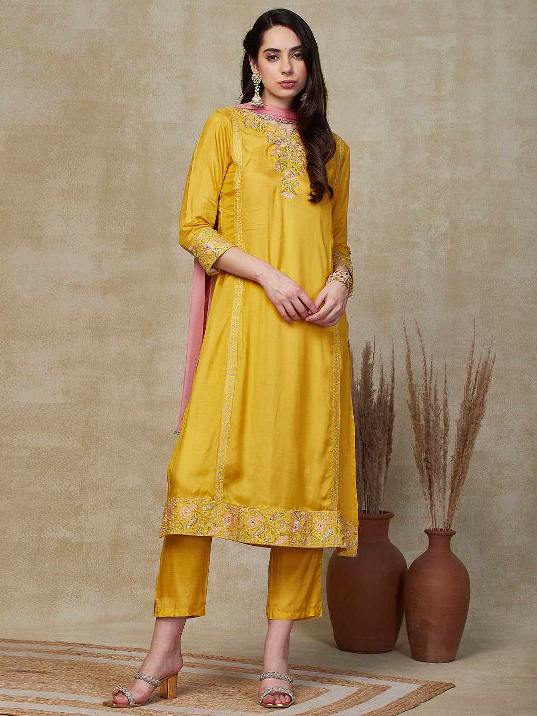 Solid Mirror, Sequins & Resham Embroidered Kurta with Pants & Dupatta - Yellow