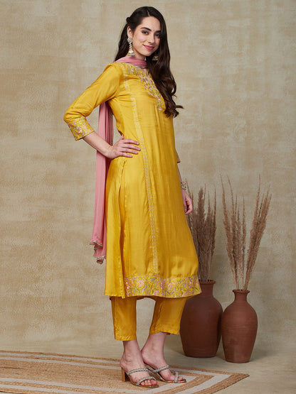 Solid Mirror, Sequins & Resham Embroidered Kurta with Pants & Dupatta - Yellow