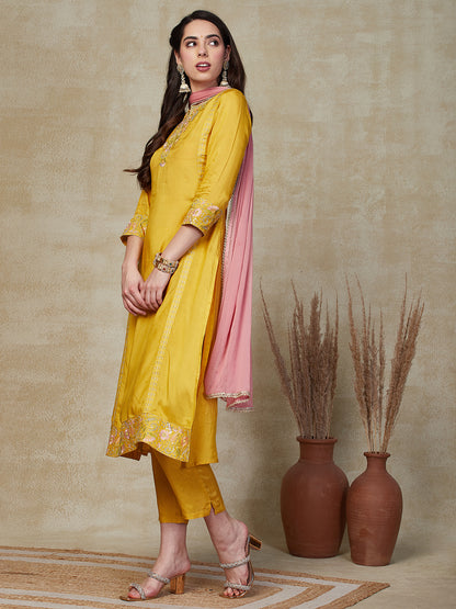 Solid Mirror, Sequins & Resham Embroidered Kurta with Pants & Dupatta - Yellow