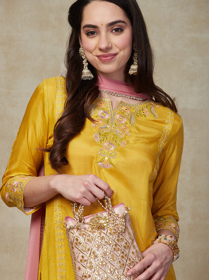 Solid Mirror, Sequins & Resham Embroidered Kurta with Pants & Dupatta - Yellow