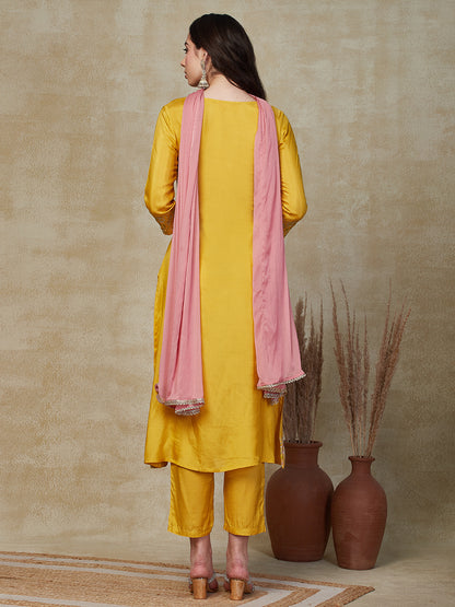 Solid Mirror, Sequins & Resham Embroidered Kurta with Pants & Dupatta - Yellow