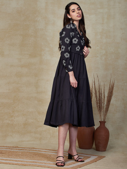 Solid Tiered Midi Dress with Floral Printed Cropped Jacket - Dark Blue