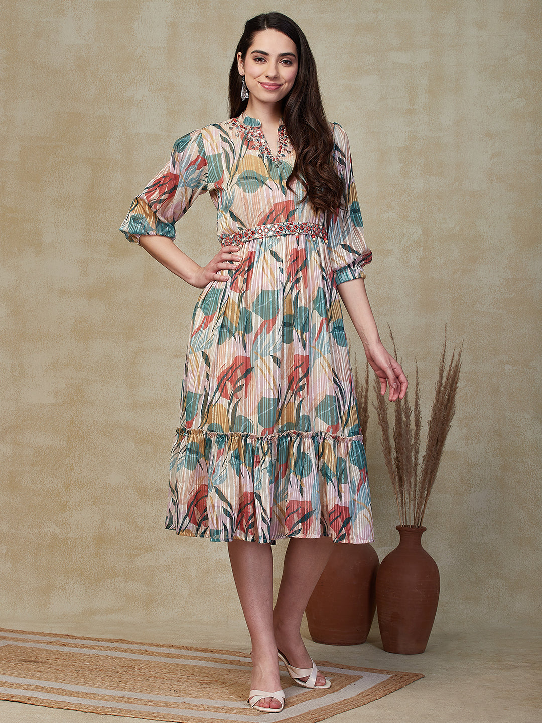 Floral Printed Mirror & Cutdana Embroidered Pleated Flared Maxi Dress –  FASHOR