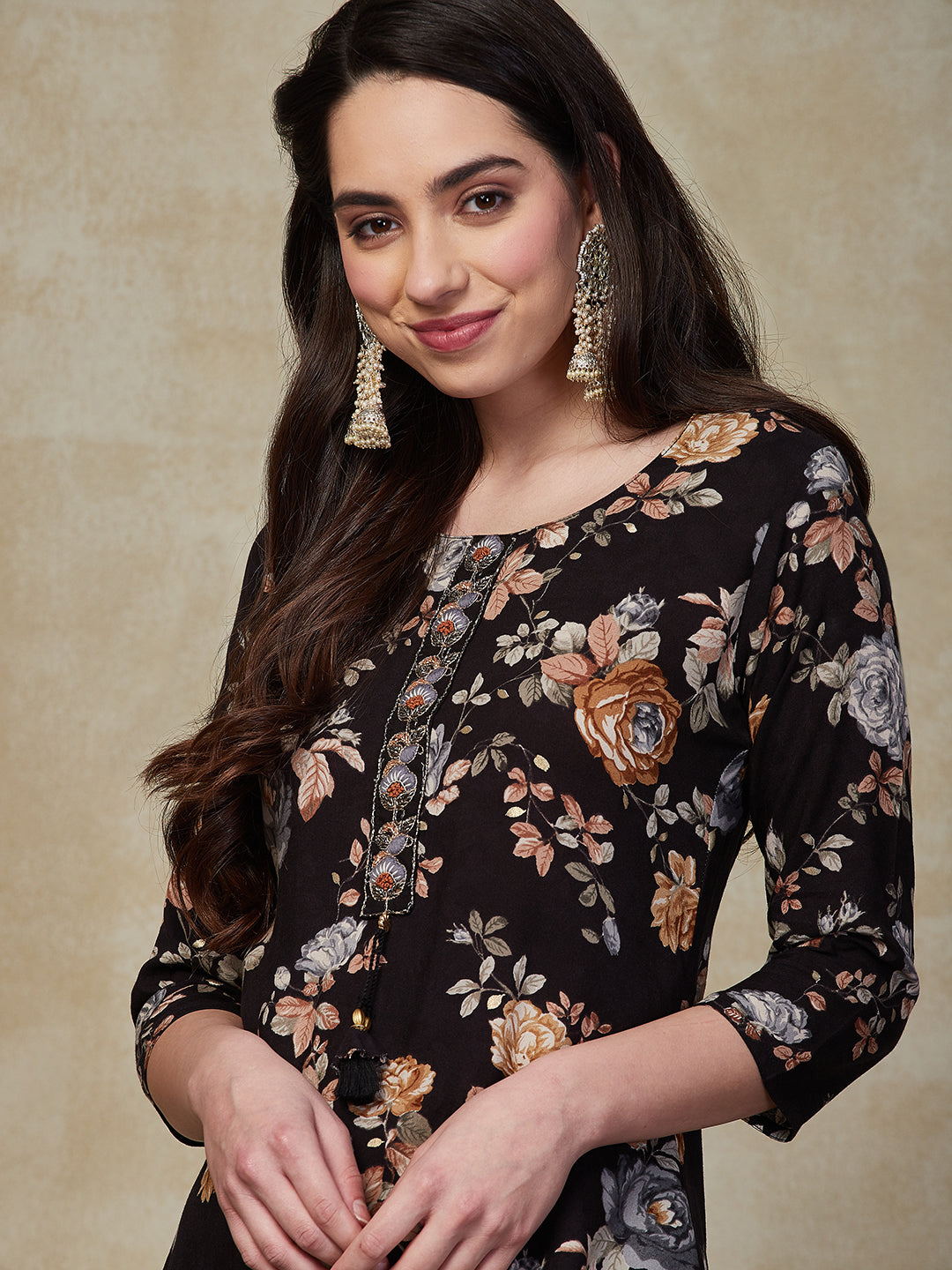 Floral Printed & Embroidered Straight Fit Kurta - Black