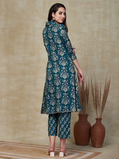 Floral Block Printed Zari Lace Embellished A-line Kurta with Pants - Blue
