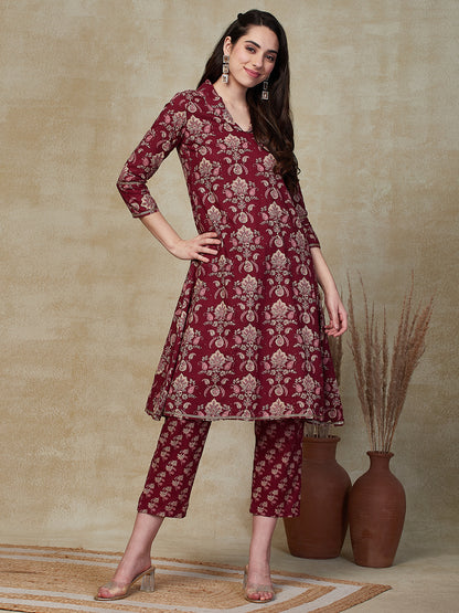 Floral Block Printed Zari Lace Embellished A-line Kurta with Pants - Maroon