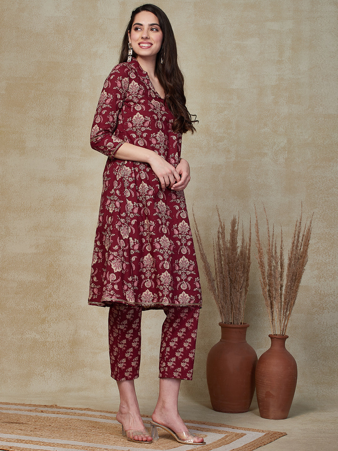 Floral Block Printed Zari Lace Embellished A-line Kurta with Pants - Maroon