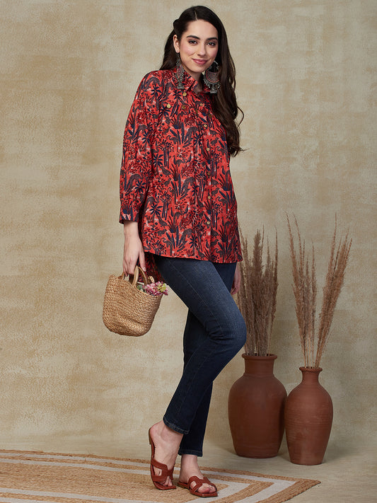 Tropical Floral Printed Straight Fit Shirt - Red
