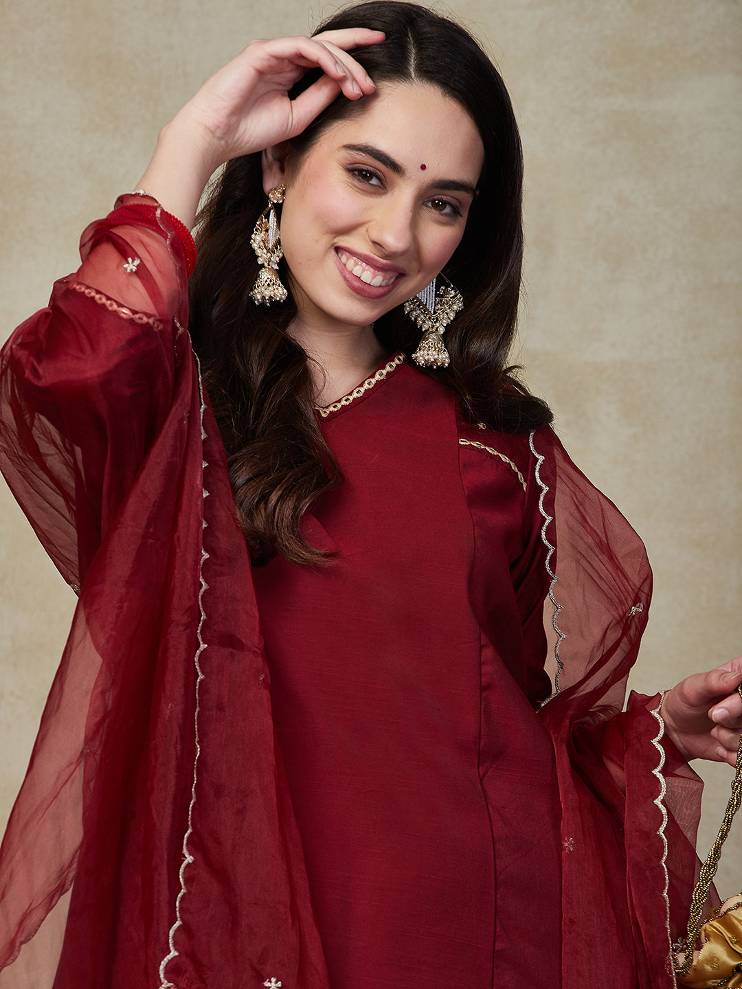 Solid Mirror Embroidered Paneled A-line Kurta with Pants & Dupatta - Maroon
