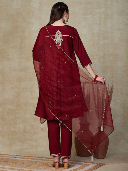 Solid Mirror Embroidered Paneled A-line Kurta with Pants & Dupatta - Maroon