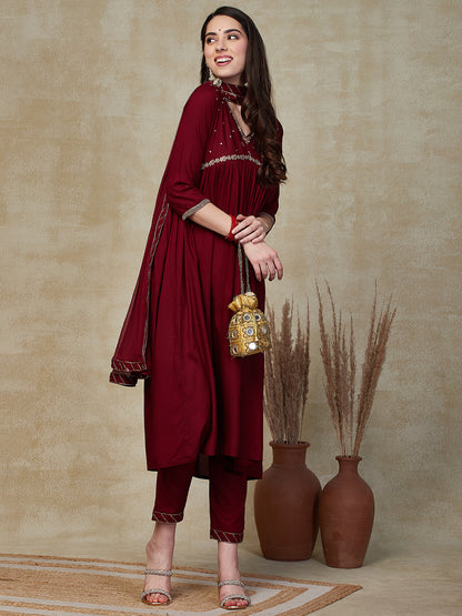 Solid Sequins & Resham Embroidered Pleated Kurta with Pants & Dupatta - Maroon