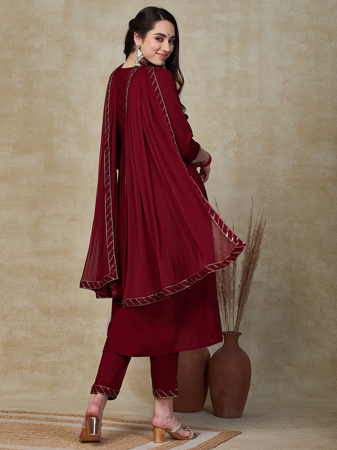 Solid Sequins & Resham Embroidered Pleated Kurta with Pants & Dupatta - Maroon