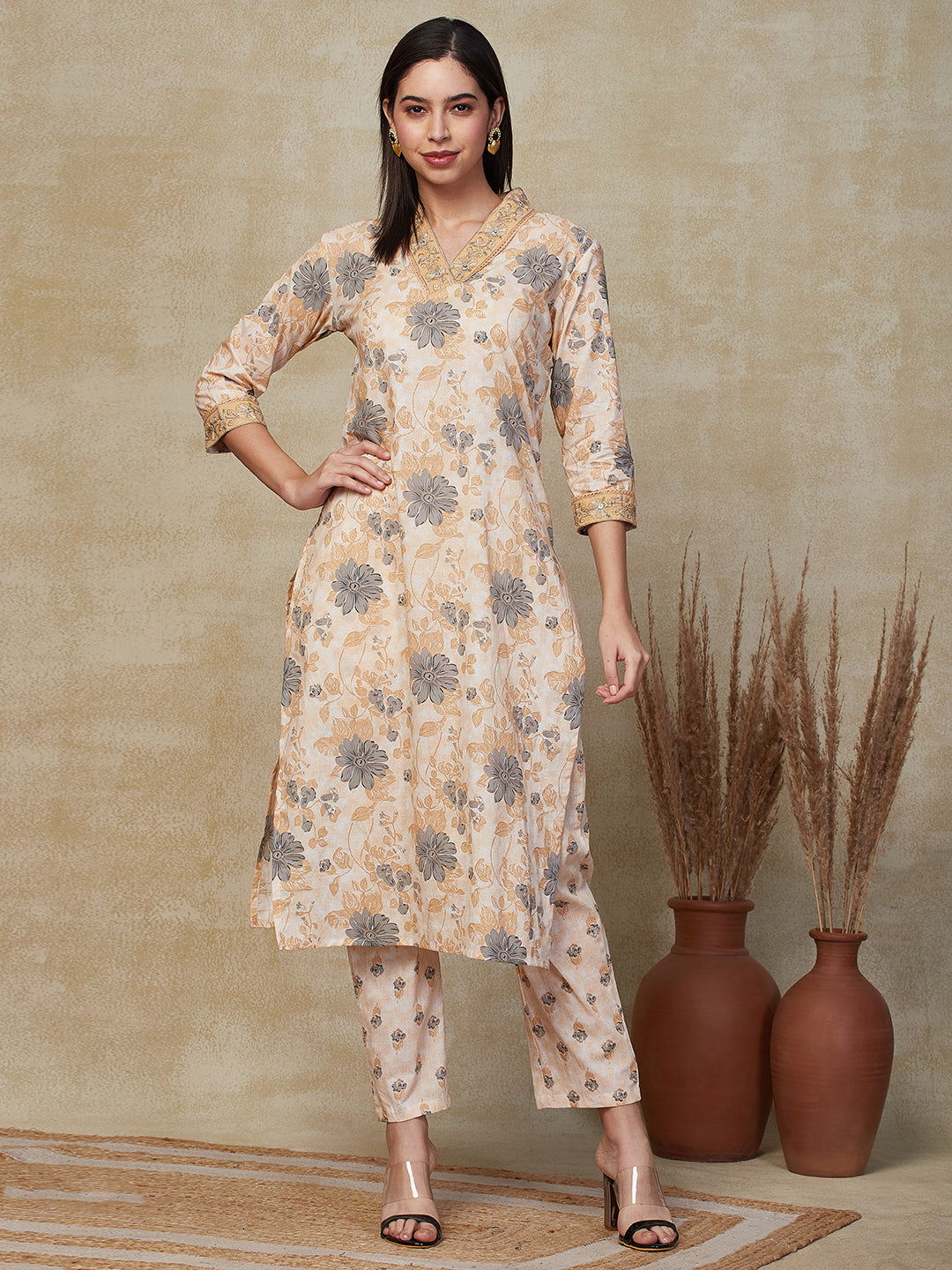 Floral Printed & Embroidered Straight Kurta with Pant - Beige