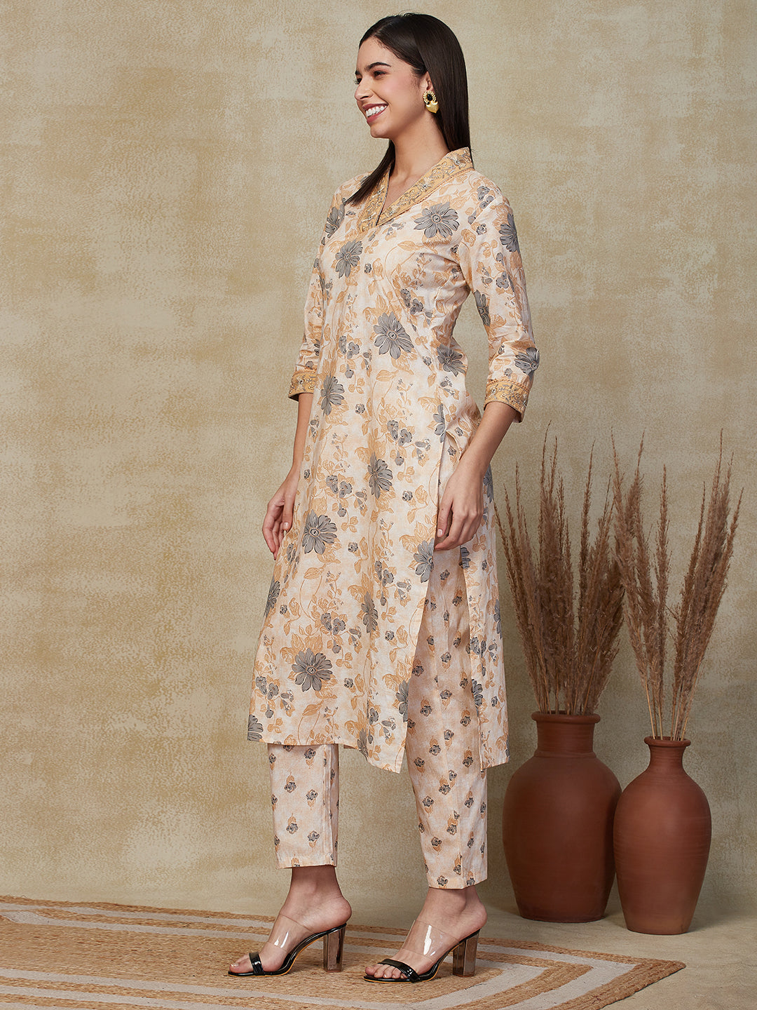 Floral Printed & Embroidered Straight Kurta with Pant - Beige