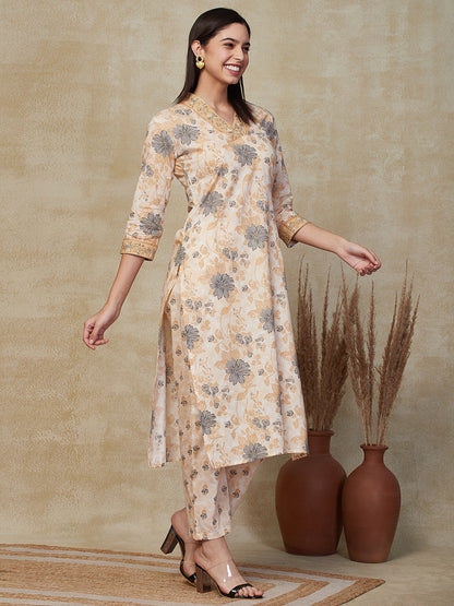 Floral Printed & Embroidered Straight Kurta with Pant - Beige