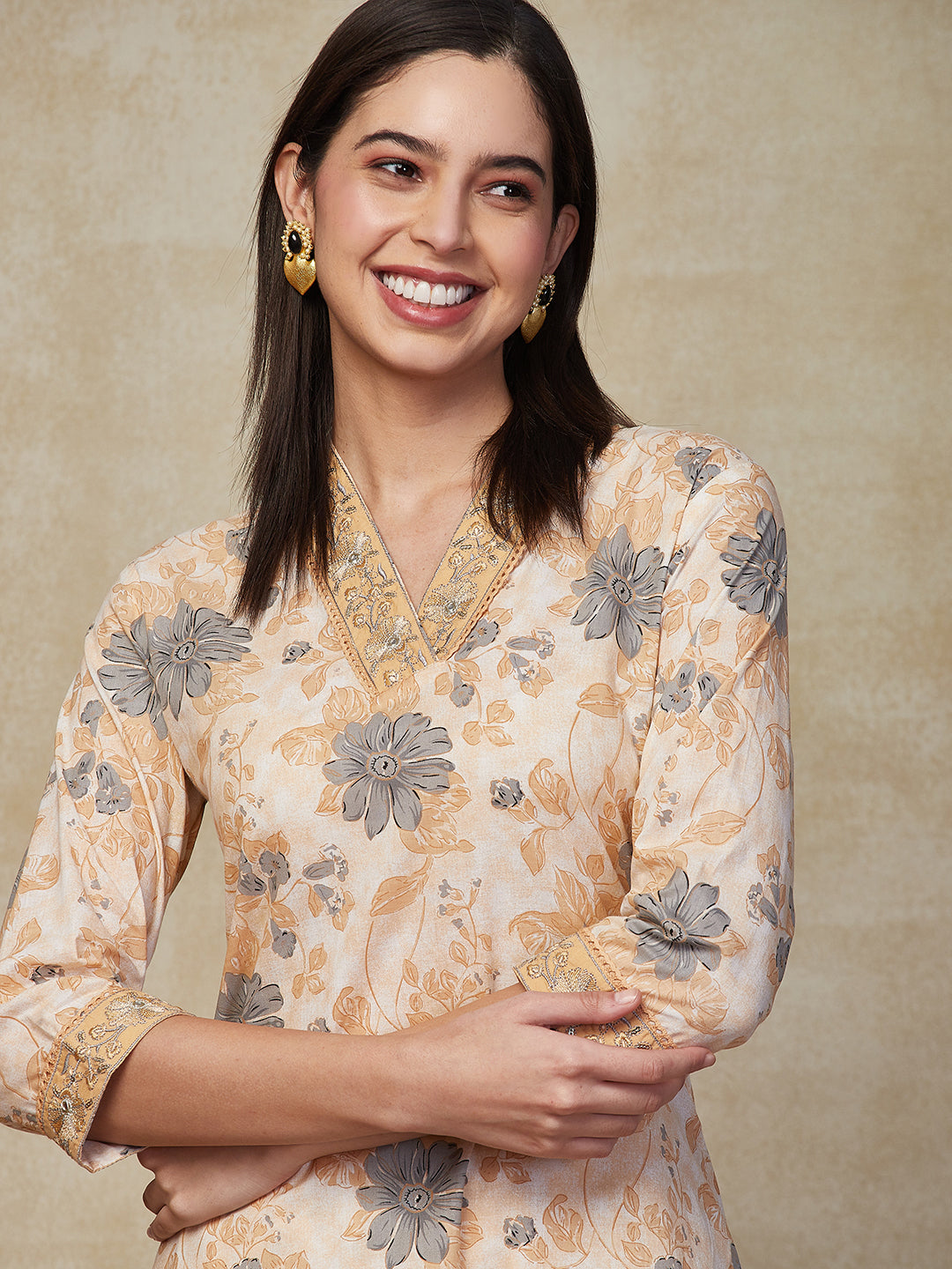 Floral Printed & Embroidered Straight Kurta with Pant - Beige