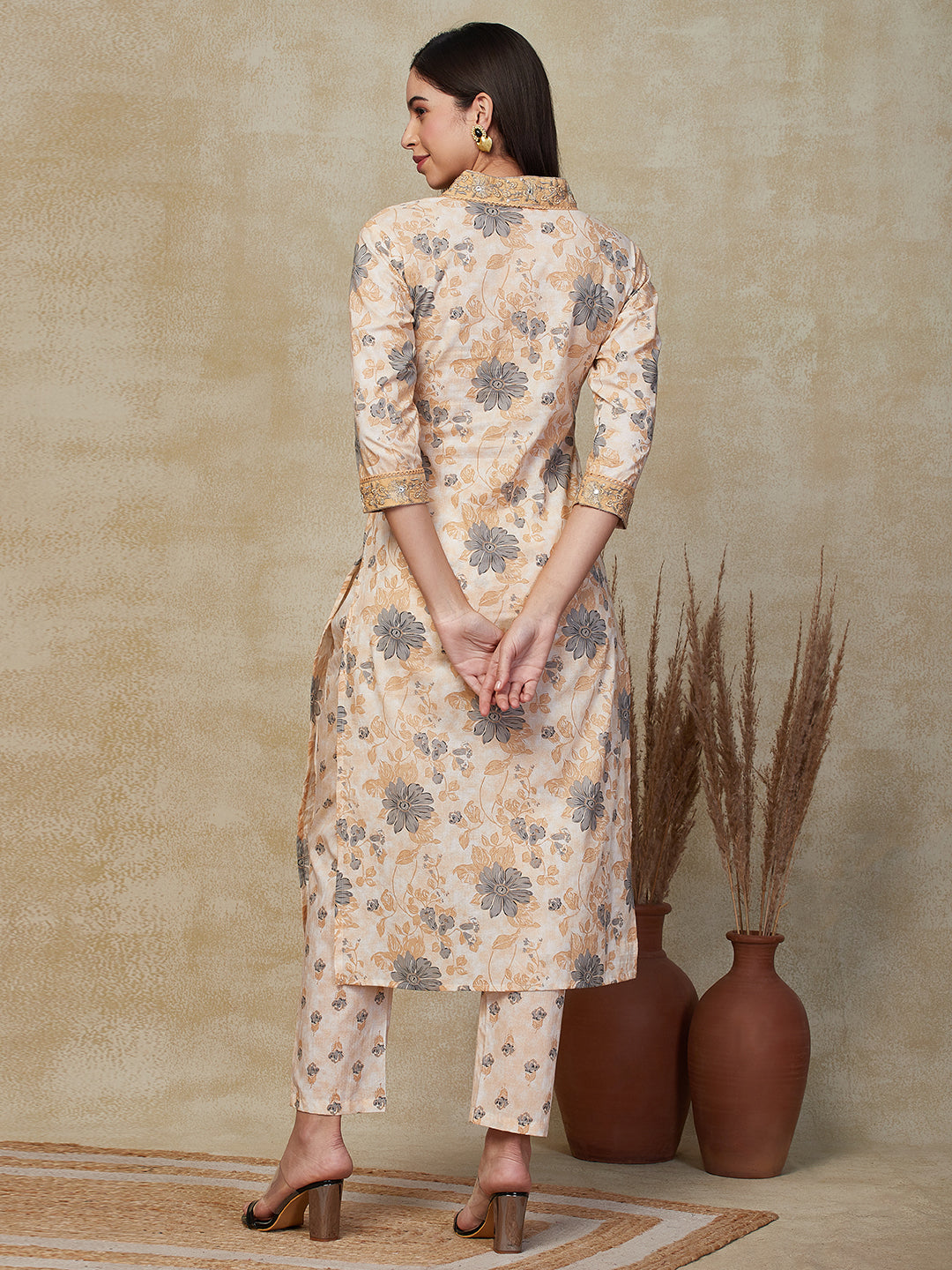 Floral Printed & Embroidered Straight Kurta with Pant - Beige