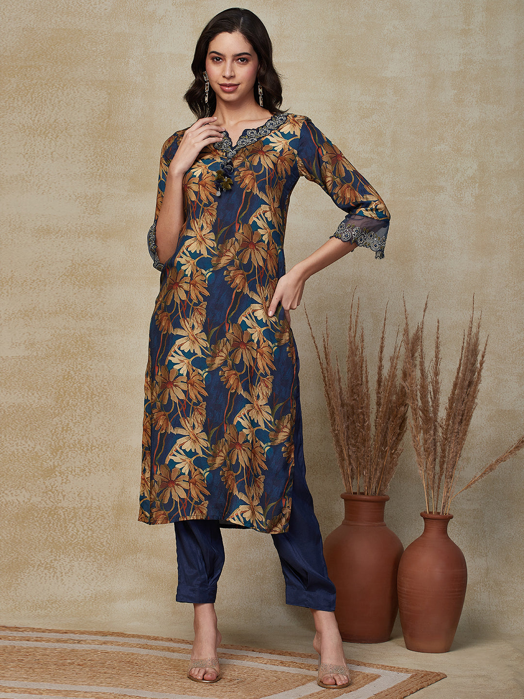 Bandhani Printed Kurta & Embroidered Jacket with Solid Ankle Pant - Pink