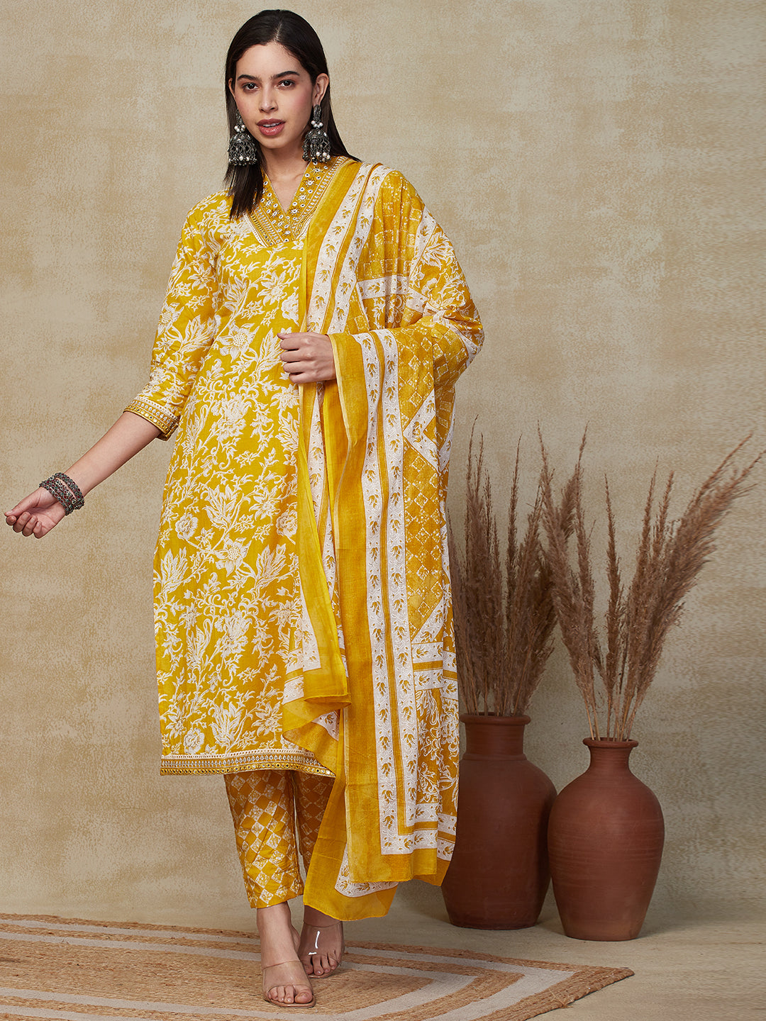 Ethnic Floral Printed & Embroidered Straight Kurta with Pant & Dupatta - Yellow