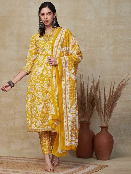 Ethnic Floral Printed & Embroidered Straight Kurta with Pant & Dupatta - Yellow