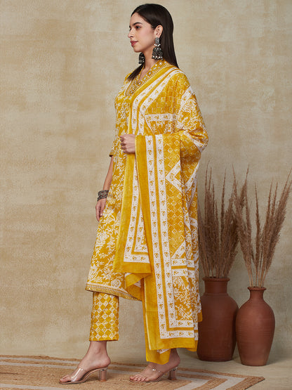 Ethnic Floral Printed & Embroidered Straight Kurta with Pant & Dupatta - Yellow