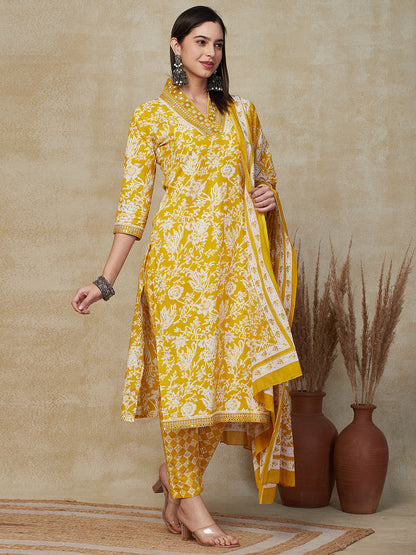 Ethnic Floral Printed & Embroidered Straight Kurta with Pant & Dupatta - Yellow