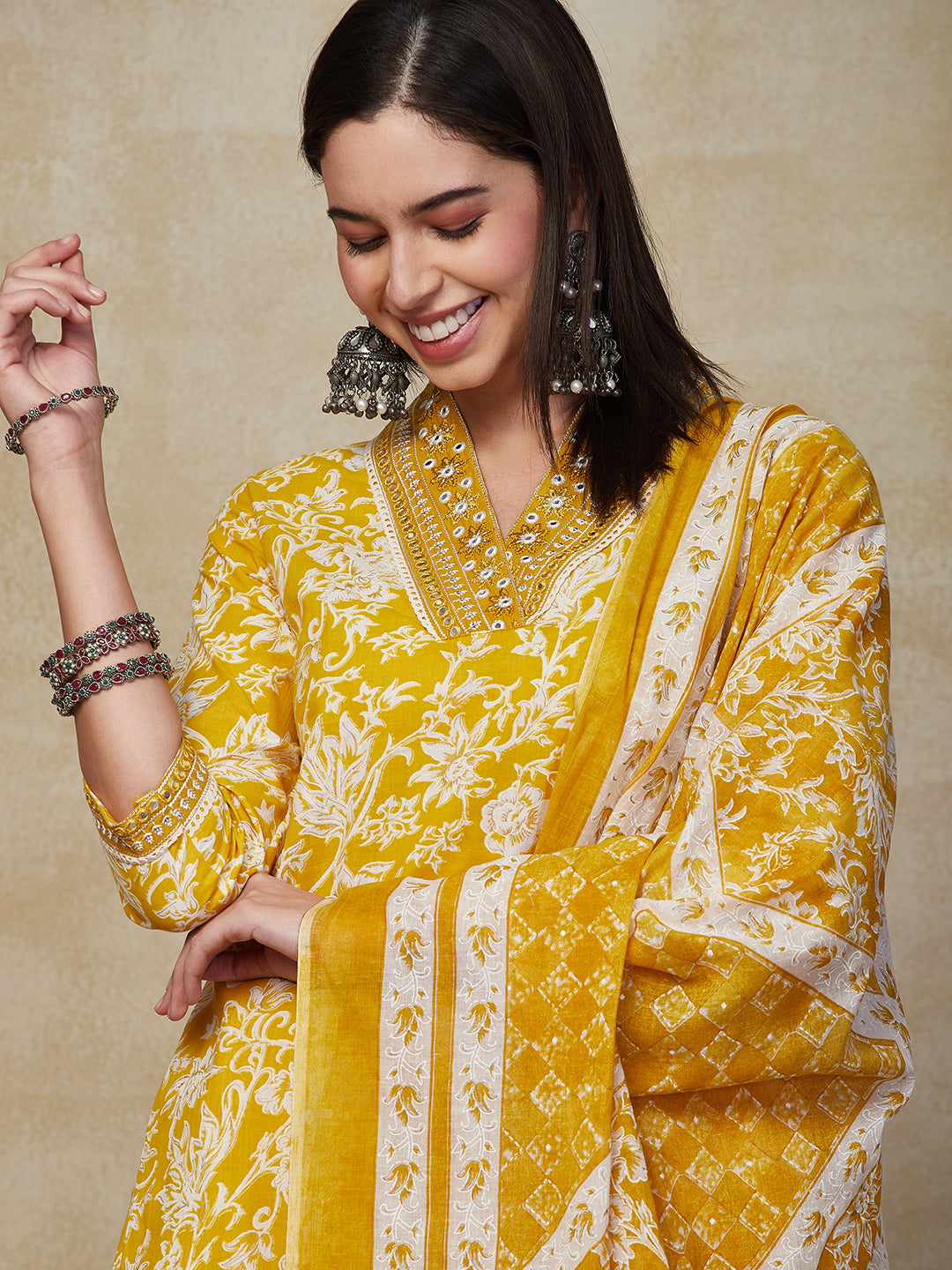 Ethnic Floral Printed & Embroidered Straight Kurta with Pant & Dupatta - Yellow